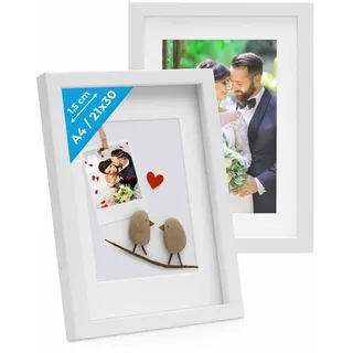 PHOTOLINI 3D Bilderrahmen zum Befüllen 21x30 A4 Weiß, 1,5 cm tiefer Objektrahmen mit Glas, 2X tiefer Bilderrahmen A4 21x30 Holz MDF mit Passepartout, Dicker 3D Rahmen befüllbar für Gegenstände