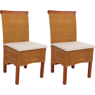2er-Set Esszimmerstuhl Korbstuhl Stuhl M42, Rattan mit Sitzkissen - Braun
