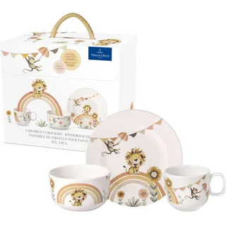 Villeroy & Boch – Boho Kids Roar like a lion" Kindergeschirr-Set 3 teilig Beige, Spülmaschinenfest, Mikrowellensicher, Geschirr Set Kinder, Tiermotiv Löwe und Affe, Premium Porzellan
