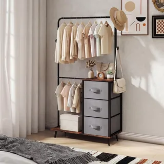FANTASK Garderobenständer mit 2 Ablagefächern, 95 x 40 x 175 cm, Kleiderständer Doppelstange mit 3 Seitenhaken & 3 Stoffschubladen, freistehender Kleiderschrank für Schlafzimmer, Büro, Flur