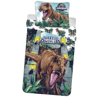 Jerry Fabrics Bettwäsche Dinosaurier Jurassic World, leuchtet im Dunkeln, Bettbezug 140 x 200 cm + 70 x 90 cm, 100 % Baumwolle