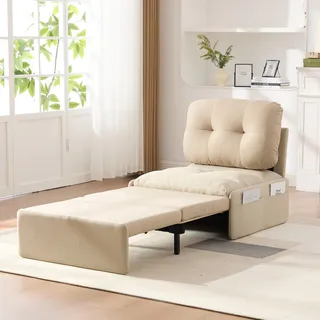 Merax 2-in-1 Schlafsessel mit Sitzkissen, Schlafsofa mit Ausziehbett, Einzelsessel aus Leinenstoff,Gästebett aus Massivholzrahmen und Metallfüße,Beige - Beige