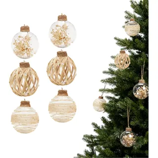 Weihnachtskugel Set 6 Stück 8 cm, Handgemachte Klare Kunststoff-Kugeln, Boho Beige mit Jute-Ummantelung, Hängende Christbaumschmuck für Weihnachtsdekoration in Wohnzimmer und Geschäftsräumen (Beige C)