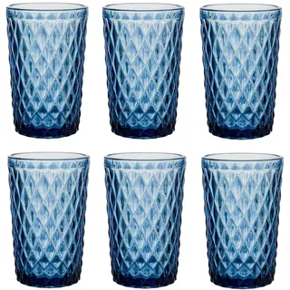 Vintage 6er-Set Farbige Weingläser und Trinkgläser mit Diamant Muster (Netz Blau Trinkglas), Longdrinkgläser, Cocktail Gläser mit Prägung, Glas, Weinglas, Wasserglas, Glaskelche