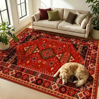 WUTONG Wohnzimmerteppich 100x150 cm Rot,Vintage Teppich Kurzflor Waschbar,Orientteppich Weich Pflegeleicht,Boho Chic Bodenmatte für Kinderzimmer und Büro