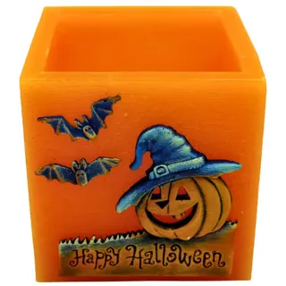 Dekohelden24 XL Kerze als Lampion, Halloweendeko, Outdoor Kürbis als Kerze, Halloween Kürbis als Kerze,Teelichthalter Herbst, Herbstdeko Kerze quadratisch, Größe L/B/H: ca.11 x 11 x 11 cm.