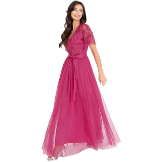 Maya Deluxe Damen Womens Maxi Dress Ladies Ball Gown for Wedding Guest Embellished Tie Waist V Neck Bridesmaid Prom Evening Occasion Kleid, Fuchsia, 42