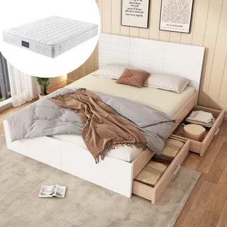 okwish Jugendbett Klassische Betten 140x200cmmit 2 Schubladen, Plattformbett Holzbett Massivholz mit Lattenrost,Eiche/Weiß(Mit Matratze) - Weiß