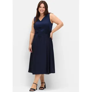 Cocktailkleid SHEEGO "Cocktailkleid", Damen, Gr. 40, Normalgrößen, blau (marine), 97% Baumwolle, 3% Elasthan, unifarben, knielang, V-Ausschnitt, Kleider Cocktailkleid