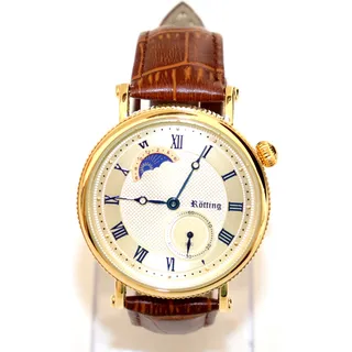 Rötting Design Herrenuhr Quarz goldfarbenes Ziffernblatt Tag/Nacht Phasenanzeige kleine Sekunde braunes Lederarmband