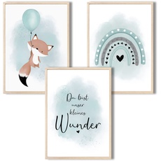 MeinBaby123® I Deko Bilder Kinderzimmer | 3er Set DIN A4 | Wandbilder | Kinderzimmer Poster | Bilder Kinderzimmer Mädchen und Jungen | Babyzimmer Deko (Luftballon & Fuchs mint)