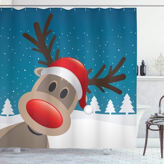 ABAKUHAUS Weihnachten Duschvorhang, Noel Fun Nursery Cartoon, Stoffliches Gewebe Badezimmerdekorationsset mit Haken, 175 x 180 cm, Rot Braun