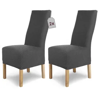 SCHEFFLER-Home Stuhlhussen Stretch Luna-Lang/Stuhlüberzug 2er Set Anthrazit/elastische Flanell Stuhlabdeckungen/Stuhlhussen Schwingstühle/Spann-Bezug Stuhl Überwurf als eleganter Schonbezug