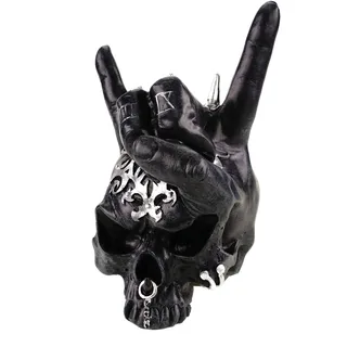 Kremers Schatzkiste Dekofigur Totenschädel Rock Yeah Schwarz/Silber 19cm Skull Polresin Gothic Figur Wohnzimmer Deko Geschenk Totenkopf Skulptur Satan Kult
