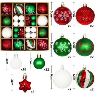 Unyqoos® 44er-Set Kunststoff-Weihnachtskugeln rot/weiß, glänzend & bruchsicher, mit Aufhängehaken – klassische Deko für Innen & Außen - Rot, Weiß, Grün