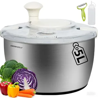 GROWZELT XXL Salatschleuder Edelstahl 5L, mit Schäler und Quetschflasche - Spülmaschinengeeigne - Ideal Salatschleuder Groß zum Waschen und Trocknen von Salat