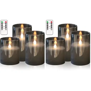 HIYAA LED Flammenlose Kerzen, Graues Glas Batteriebetriebene Kerzen Flackern mit Fernbedienung,3D Docht Realistisches Warmes Licht LED Kerzen Flackern mit Timer für Hochzeit Party Weihnachtsdekoration