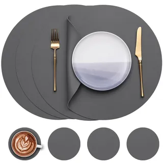 Myir JUN Tischsets 4er Set, Tischsets Abwaschbar Platzsets Rund Ø 38cm Platzdeckchen Rund Doppelseitigen rutschfest Platzsets Kunstleder Leder Tischset Lederoptik (Grau, 4er Set)