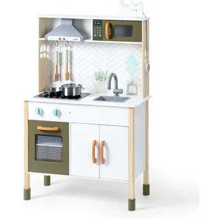 ROBUD Kinder Küche Holz mit Licht & Sound, Küchen-Kinderspielzeugsets Zubehör| Dunstabzugshaube, Mikrowellenofen, für Kinder & Kleinkinder ab 3 Jahren