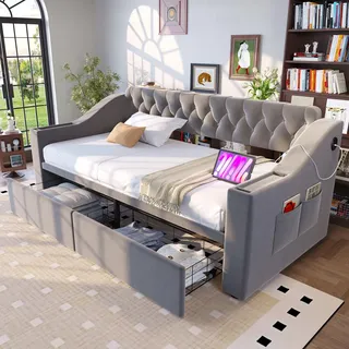 LVHOM Schlafsofa mit Lattenrost 90x190cm, Samt Tagesbett mit Stauraum&USB, Polsterbett Daybett mit Schubladen & Armlehnen-Fächern, Hellgrau - Grau