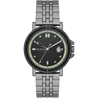 Skagen Signatur Sportuhr für Herren, Quarzwerk mit Edelstahl-Lederarmband, Grau und Schwarz