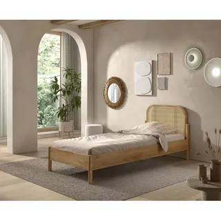 Vipack Bett , Eichefarben , Holz, Holzwerkstoff , Eiche, Rattan , furniert, massiv , 90x200 cm , Lattenrost , Holzmöbel, Holzbetten, Sonstige Holzbetten