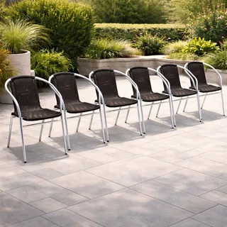 6 Stück Stabiler Aluminium / Polyrattan Bistrostuhl stapelbar - Silber, Schwarz