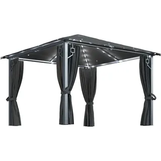 vidaXL Pavillon mit Vorhängen  3 x 3 m Aluminium anthrazit inkl. LED-Lichterkette