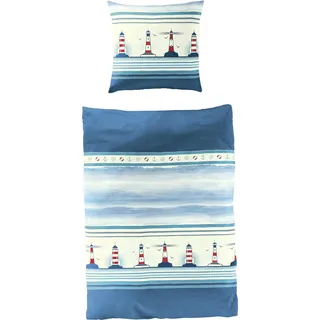 BIERBAUM Leuchtturm Seersucker Blau 155 x 220 cm + 2 x 80 x 80 cm