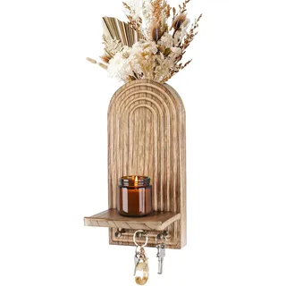 HofferRuffer 3-in-1 Wandregal Holz,Wandvase+Kerzenhalter+ Schlüsselhaken,Boho Wanddeko Holz, Wandorganizer hängend, Wooden Wall Shelves, platzsparend für Wohnzimmer Schlafzimmer Flur(Natur)