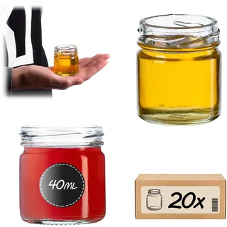 KADAX 20st Mini Gläser 40 ml, Einmachglas, Gewürzgläser, Sturzglas, Probiergläser, Marmeladengläser, kleine Honiggläser, Rundgläser (20 Stück, Ohne Deckel)