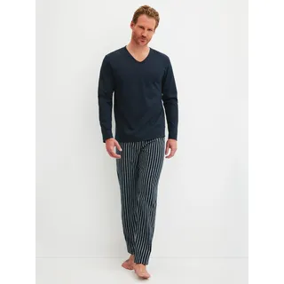Schlafanzug CALIDA "Cotton Special", Herren, Gr. XXL (58/60), blau (saphir blau), Single Jersey, Obermaterial: 100% Baumwolle, bequem lang, V-Ausschnitt, gerader Abschluss, Homewear-Sets Schlafanzug, Langarm, V-Ausschnitt, Comfort Fit, lange Hose