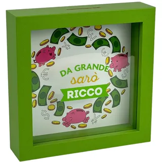 Dekorative Spardose im grünen Rahmen, Design 'Da Grande Sarò Ricco', 16 x 16 cm