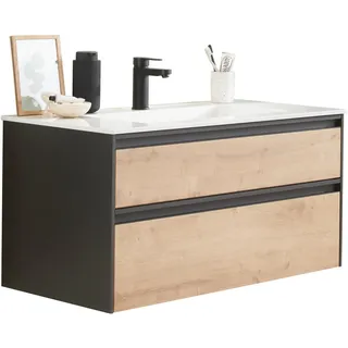Novel Waschtischkombi , Grau, Eichefarben , Metall , 2 Schubladen , 93.2 cm , Goldenes M, Made in Germany , hängend , Badezimmer, Waschbecken & Armaturen, Waschtische