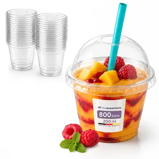 Inoverse Smoothie Becher 200 ml, 800 Stück, Slush Becher, mit Domdeckel | Transparentes R-PET, Dessertbecher, Eiskaffee Becher, Trinkhalmöffnung, für Obstsalat, Joghurt und Veranstaltungen