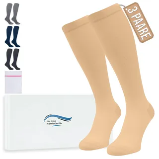 360 Relief Kompressionsstrümpfe Damen und Herren - 3 Paare Kompressionssocken Einfarbig für Sport, Laufen, Flug, Reise, Joggen, Radsport, kniestrümpfe, XXL Beige mit Wäschenetz