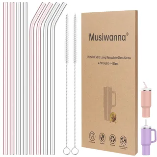 Glasstrohhalme 31cm Lange Durchmesser 1cm für Stanley Adventure Quencher Reisebecher 40oz, 8 Stück Ersatz Trinkhalme mit 2 Reinigungsbürsten, Wiederverwendbar Strohhalme (Rosa+Transparent)