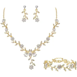 Clearine Damen Hochzeit Schmuck Set für Party Prom Blatt Cluster Blume Kristall Anhänger Halskette baumeln Ohrringe und Armband für Klar Gold Ton