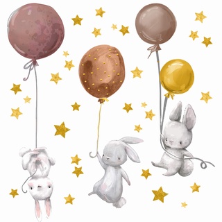 yabaduu Wandsticker personalisiert Sticker Aquarell Tiere mit Name Wandtattoo für Kinderzimmer Babyzimmer Spielzimmer Mädchen Junge Y037 (Nr. 7 Hasen mit Ballons Erdtöne, Ohne Wunschname)