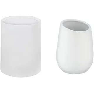 WENKO Schwingdeckeleimer Atri, 6 Liter Kosmetikeimer & Zahnputzbecher Badi, weißer Zahnbecher aus hochwertiger Keramik mit Matter Oberfläche