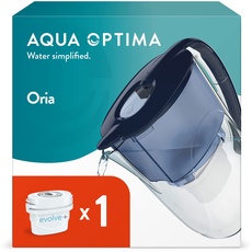 Aqua Optima Oria Wasserfilterkanne & 1 x 30 Tage Evolve+ Wasserfilterkartusche, 2,8 Liter Fassungsvermögen, zur Reduzierung von Mikroplastik, Chlor, Kalk und Verunreinigungen, Blau