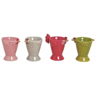 Topshop24you Eierbecher Bunte Hühner Keramik – 4er Set (rosa, grau, rot, grün) | stabile Eierhalter mit Huhn-Motiv | Höhe 7 cm | dekorative Frühstücks-Eierbecher
