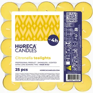 Horeca Candles - Citronella Teelichter - Set mit 25er Kerzen, Gelbe - Duftkerzen mit 4 Stunden Brenndauer - Für den Außenbereich, Balkon, Picknick, Camping