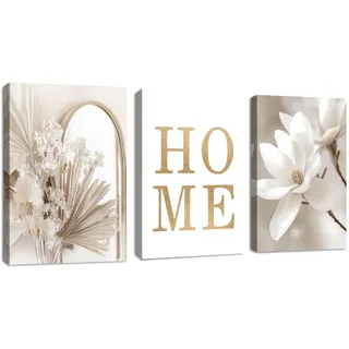 3 Pcs Boho Home Beige Cattail Leinwandbilder Bilder Set mit Rahmen, Moderne weiße Magnolie Wandbilder Schlafzimmer Bild Auf Leinwand Kunstdruck Deko für Wohnzimmer fertig zum Aufhängen 30x40cmx3