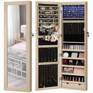 Songmics Schmuckschrank, Wand-Aufbewahrungsmöbel für Halsketten, Ohrringe, Zubehörschrank, mit Spiegel, verschiedene Fächer, abschließbar, Eichenfarben JJC093M01