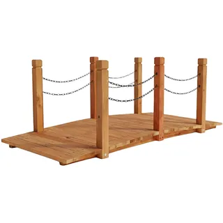 Relaxdays Garten Brücke, Pfosten mit Ketten, Tannenholz, für Gartenteich, HxBxT: 55 x 150 x 67 cm, Holzbrücke, orange