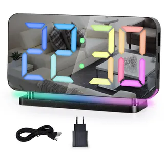 SZELAM Digitaler Wecker, RGB-Wecker für den Nachttisch, 7.4'' LED-Spiegeluhr mit USB-Ladeanschluss, 10 Modi RGB-Nachtlicht, 11 Farben LED-Anzeige, automatische Dimmung, Schwarz, (EN8853)