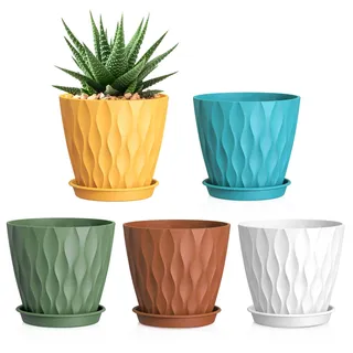 WSMKSZ 15 cm Blumentopf, 5er Set Dick Kunststoff Pflanztöpfe mit Untersetzer & Abflusslöchern, 3D-Wellentextur Übertopf für Einblatt, Efeutute & Innen Außen Pflanzen, Bunt