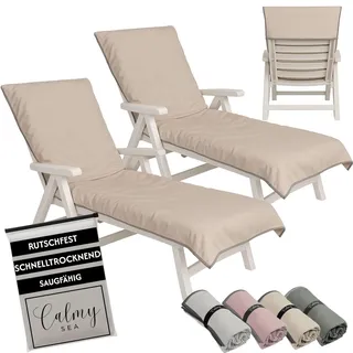 CalmySEA 2X Handtuch für Sonnenliege - 200x75cm mit Kapuze Microfaser Light Weight Schonbezug für Gartenliege Handtücher mit Umschlag Liegestuhl Bezug Strandliege (Beige, 2 Stück)