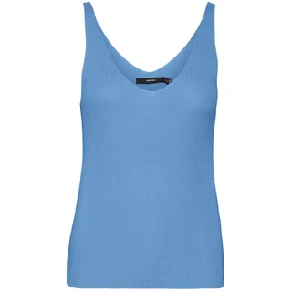 VERO MODA Damen Geripptes Struktur Top Einfarbiges V-Ausschnitt Shirt Ärmelloses Strick Oberteil VMNEWLEX, Farben:Blau, Größe:S